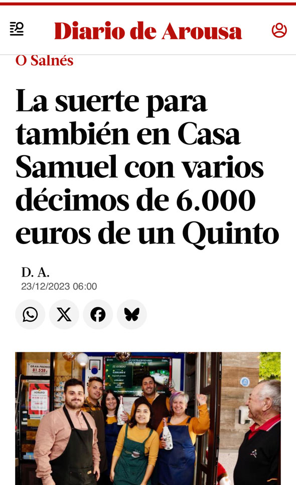 Noticia sobre cliente premiado con la Bonoloto en Bar Casa Samuel